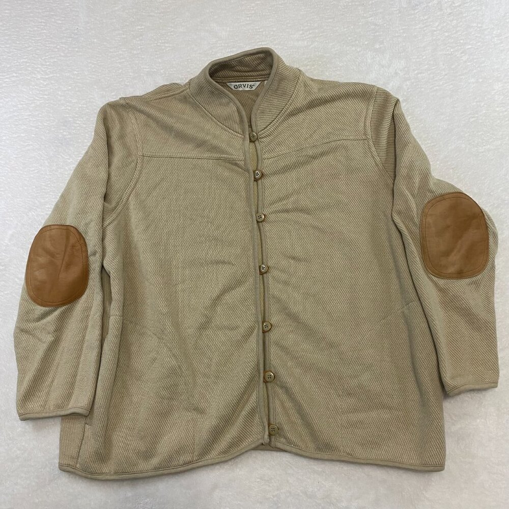 Orvis Jacket Sweater Womens XL Beige Button Up Cardigan Leather Elbow Patch